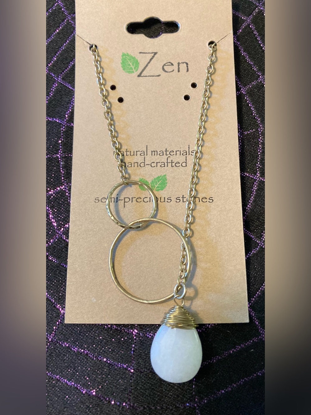 Gold-Tone Double Ring Necklace with White Teardrop Semiprecious Stone